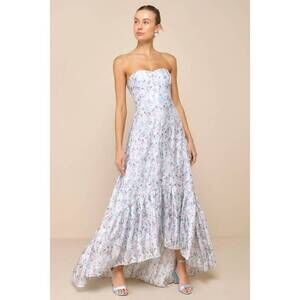 Lulus Gorgeous Desire Light Blue Floral Strapless High-low Maxi Dress - Size S